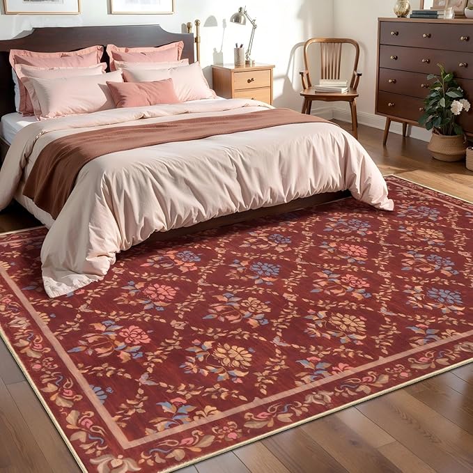 Tangsoo 5x7 Washable Area Rug, Non Slip Moroccan Trellis Red Floral Indoor Rug, Soft Low Pile Floor Carpet for Living Room, Bedroom, Dining Room, Pet & Child Friendly Room Decor, Easy to Clean
