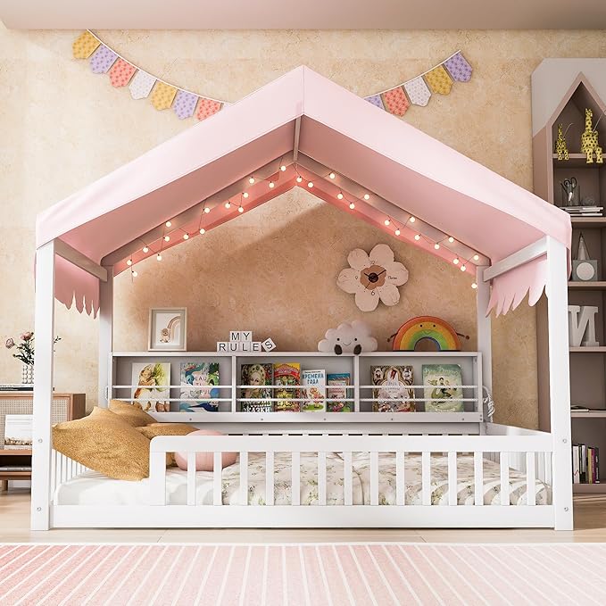 Merax Full Size Montessori Floor Bed for Kids Toddler, House Shaped Kids Full Bed Frame with Safety Guardrail, Curtain & Lights, Side Storage Bookshelves, Solid Wood Slats, Easy Assembly, Pink