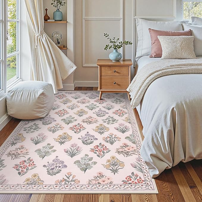 Wonnitar Pink Rugs for Bedroom Girls Nursery, Floral Print 5x7 Washable Rug, Boho Ultra-Thin Non Slip Soft Cozy Carpet for Room Decor Kids Playroom Office Living Room, Pale Pink