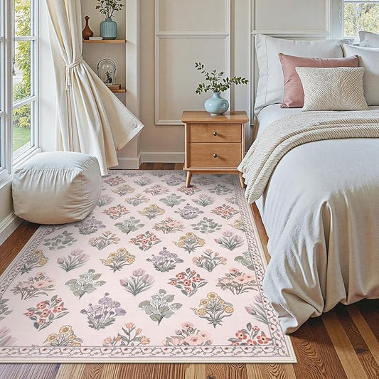 Wonnitar Pink Rugs for Bedroom Girls Nursery, Floral Print 5x7 Washable Rug, Boho Ultra-Thin Non Slip Soft Cozy Carpet for Room Decor Kids Playroom Office Living Room, Pale Pink