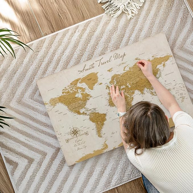 ElephantStock - Personalized Travel Push Pin World Map Wall Art - Horizontal Canvas Wall Art - Living Room Wall Decor - Digital Art Map Canvas Art - Orange And Beige Decor - 36" x 24"