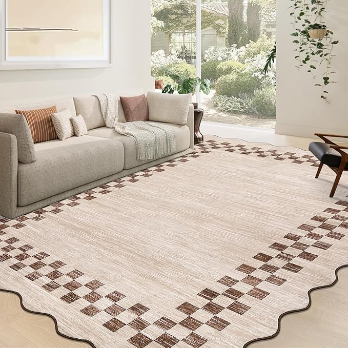 GarveeHome Scalloped Washable Rug 9x12 Area Rug for Living Room Modern Border Large Bedroom Throw Carpet with Rubber Backing Stain Resistant Boho Rug for Dining Room Home Decor Office, Beige
