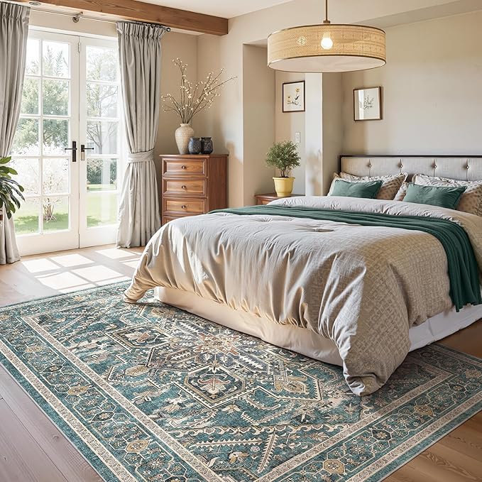 WITSHOCK 5x8 Teal Washable Area Rug for Living Room: Boho Soft Low Pile Carpet, Stain Resistant Foldable Floor Rug for Foyer Entryway Bedroom Dining Room Office Kitchen, Farmhouse Modern Home Decor