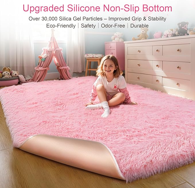 Thick Area Rug 5x8 Pink Fluffy Fuzzy for Girls Bedroom, Washable Plush Pastel Big Rugs for Living Room, Modern Soft Shag Shaggy Furry Thickened Toddler Nursery Kids Dorm Room Carpet