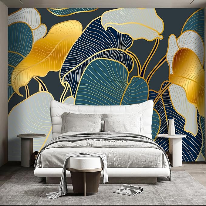 Golden Botanical Leaf wallpeper Living Room Bedroom Wall Mural - 91"x65"（Not Peel and Stick）
