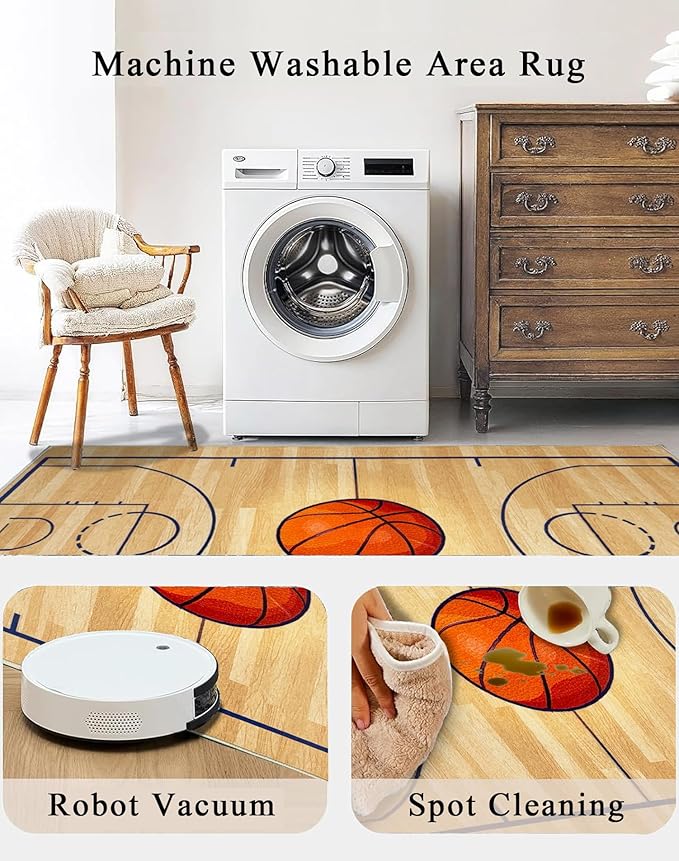 Basketball Rug 8x10 Washable Low Pile - Non Slip Sports Carpet for Boys Bedroom Decor, Kids Game Room Mat Area Rug Man Cave Carpet Mat