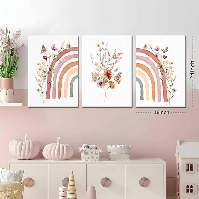 AKWISH Boho Rainbow Wall Art for Girls Room - Set of 3 Framed Wildflower Canvas Prints for Nursery, Baby Girl Room, Kids or Dorm Decor - Soft Pastel Botanical Bohemian Wall Decor 16x24in