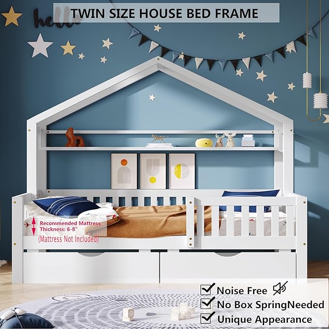 Aoowow Twin Size House Bed with Storage Drawers and Shelf,Kids Wooden Bed Frame Twin Platform Bed with Slats and Fence for Boys Girls Teens for Bedroom(White)