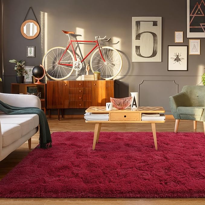 BENRON Fluffy Rugs for Living Room 6x9 Wine Red, Washable Large Area Rugs for Bedroom Dining Table Office Kids Nursery Room, Washable Indoor Floor Carpets