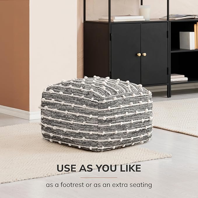 Anji Mountain 100% Handmade & Handcrafted Comfortable Home Décor Pouf Ottoman Footrest for Living Room, Bedroom, Nursery, Kidsroom, Patio Furniture - (22" x 22" x 16"- Black,Ivory)