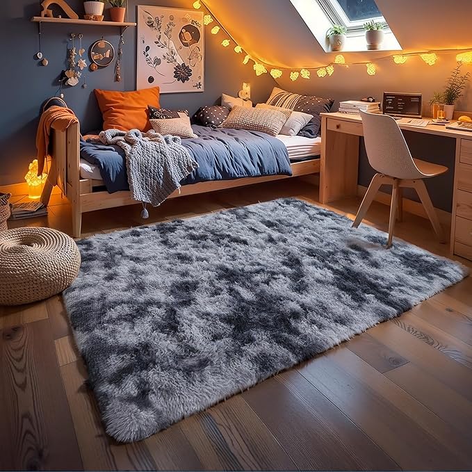 6x9 Dark Grey Fluffy Shag Rug for Bedroom Living Room, Ultra Soft Plush Fuzzy Washable Non Slip Floor Cozy Carpet, Modern Comfy Shaggy Large Area Rug for Kids Baby Nursery Dorm, Tie-Dye Gray