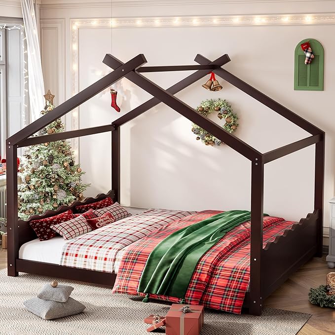 Queen Size Wooden House Floor Bed - Kids Bed Frame with Roof & Support Slats for Bedroom, No Box Spring Needed, Easy Assembly (Espresso)