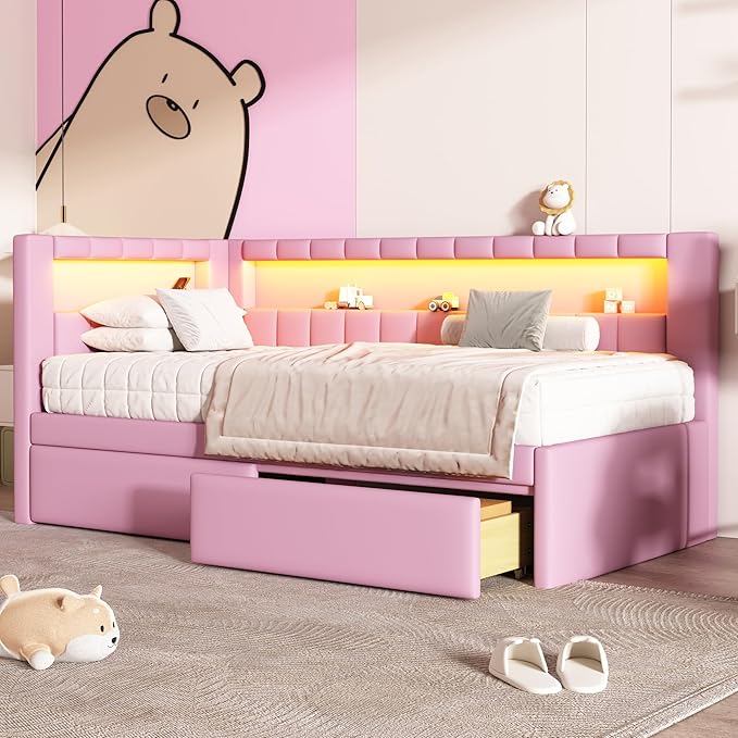 Twin Size Daybed with Storage Drawers and L-Shaped Bookshelf Headboard, Linen Upholstered Soft Corner Bed with Shelves, Charging Station and LED Belt for Kids Boys Girls, Pink