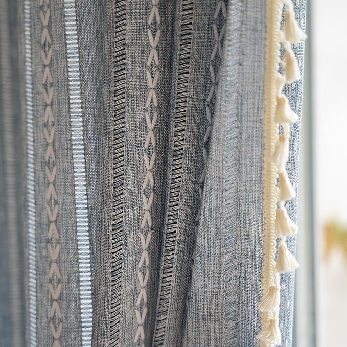 Deeprove Blue Boho Curtains 90 Inches Long Linen Textured for Living Room Light Farmhouse Bohemian Sheer Hollow Striped Chic Drape Window Treatment for Bedroom 1 Panel W52 x L90