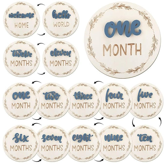 Baby Monthly Milestone Cards, Wooden 3D Baby Milestone Signs, Double Sided Blue Monthly Baby Milestone for Newborn Boy Girl 1-12 Months Photos