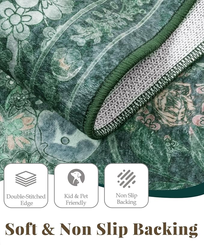 Green Floral 8x10 Living Room Area Rug, Washable Vintage Distressed Rug for Bedroom, Dining Room Under Kitchen Table, Large Low Pile Non Slip Carpet - Soft Boho Botanical Accent Mat
