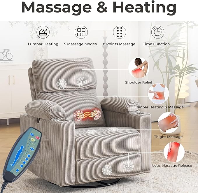 Rocking Chair Nursery with Adjustable Armrests, Electric Glider Recliner Nursing Chair for Breastfeeding, Power Swivel Recliner Chairs with Massage and Heat, Adjustable Headrest, Corduroy Grey