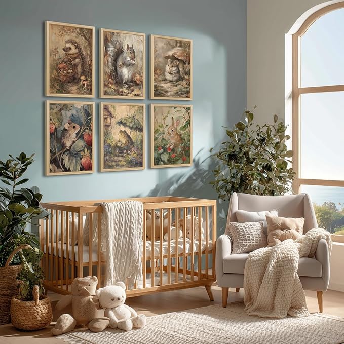 6 Pcs Woodland Animal Nursery Canvas Wall Art Vintage Forest Animal Nursery Paintings Posters Rustic Cottagecore Bunny Pictures for Gallery Kids Room Girls Boys Home Decoration (8x10inch Unframed)
