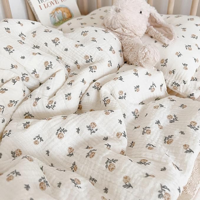 BuLuTu Muslin Cotton Kids Bed Blankets Rose Floral Pattern, 60x78 Inches, Lightweight Children Comforter Toddler Girls Quilts for Twin Bed, Soft Breathable, Machine Washable