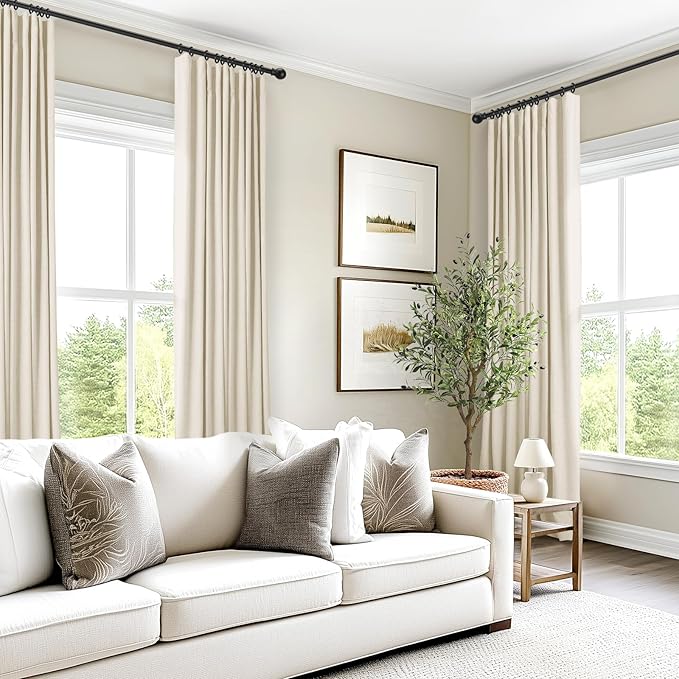 INOVADAY 100% Blackout Curtains for Bedroom, Black Out Curtains 90 Inch Long, Clip Rings Linen Blackout Drapes, Thermal Insulated Room Darkening for Living Room, 2 Panels - Cream,W50xL90