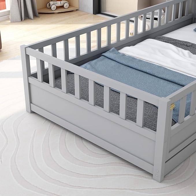 Ball & Cast Twin Size Montessori Floor Bed with Baffle Design & Open Door,Toddler Floor Bed Frame W/Fence and High Guardrails,Wooden Playhosue Bed for Girls and Boys,No Box Spring Needed,Grey