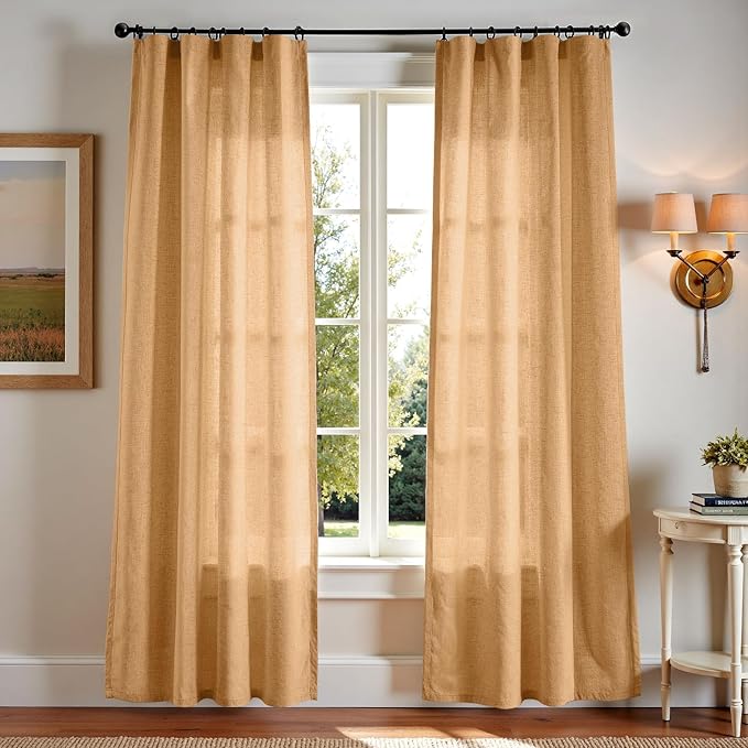 jinchan Linen Blend Curtains 90 inch Length 2 Panels for Bedroom Living Room, Light Filtering 50 inch Wide Farmhouse Drapes with Rod Pocket Back Tab(50W x 90L, Mustard Yellow)