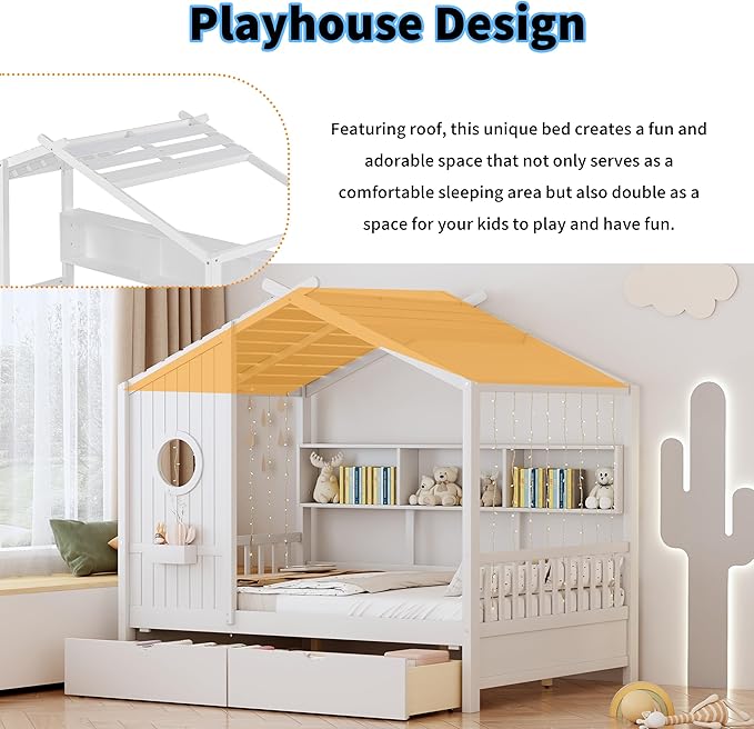Linique Wooden Full Size House Bed with 2 Drawers and Storage Shelf,Full Platform Bed Frame with Pitched Roof,White