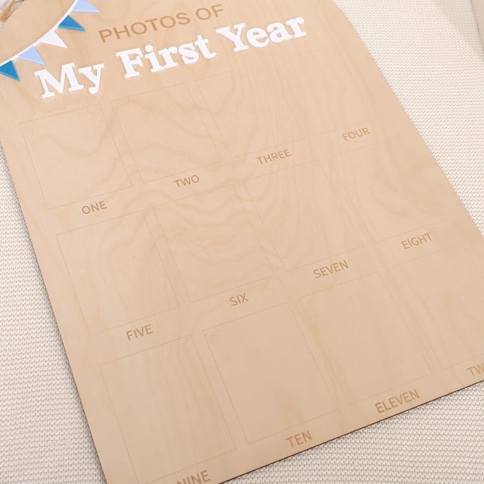 Photos of My First Year Wood Board - Newborn 1 to 12 Months Photo Display,1st Birthday Growth Photos Record Sign,Monthly Milestone Photo Board,Rustic Keepsake Nursery Decorations