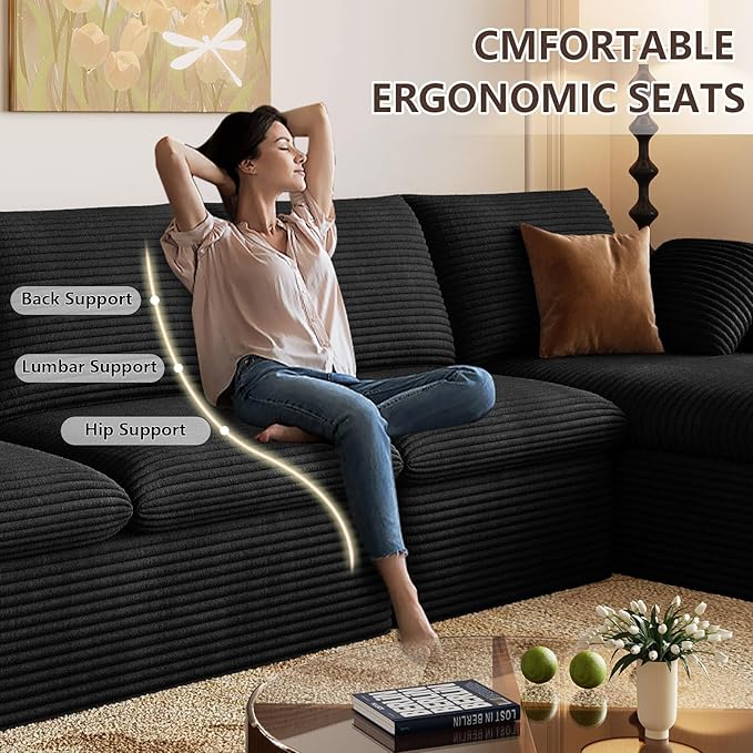 Cloud Sectional Couch,136 Inch Modular Sectional Sofa with Deep Seat, Modern Corduroy Boneless Couches with L-Shape Chaise for Living Room Bedroom, No Assembly Required (Black, Right Facing Chaise)