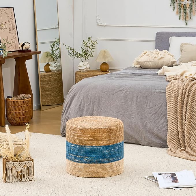 Wimarsbon 18'' Ottoman Pouf, Natural Braided Poof, Rustic Handweave Lounge Pouffe, Boho Footrest Stool for Bedroom, Accent Table for Living Room (18inch Natural Cattail + Blue Corn Husk)