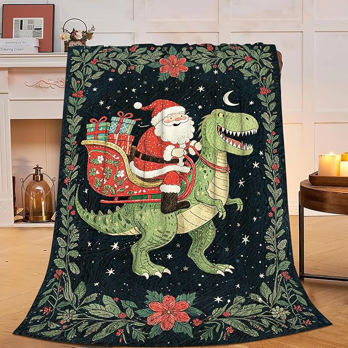 Dinosaur Blanket Christmas Santa Claus Dinosaur Throw Blanket Soft Cozy Fleece Fuzzy Plush Warm Stuff Bedding Nursery Toddler Baby Blankets Gifts for Boys Girls Kids Adult Men Women 50"X60"