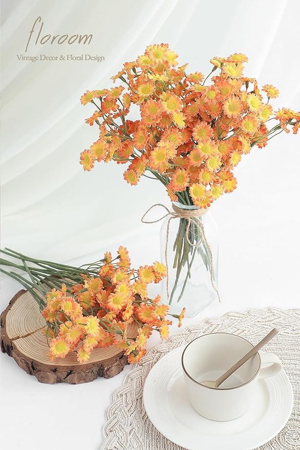 Floroom 24pcs Burnt Orange Small Artificial Flowers Faux Silk Daisies Fake Wildflowers for DIY Terracotta Wedding Bouquets Floral Arrangements Party Decor Centerpieces Decorations (Vase Not Included)
