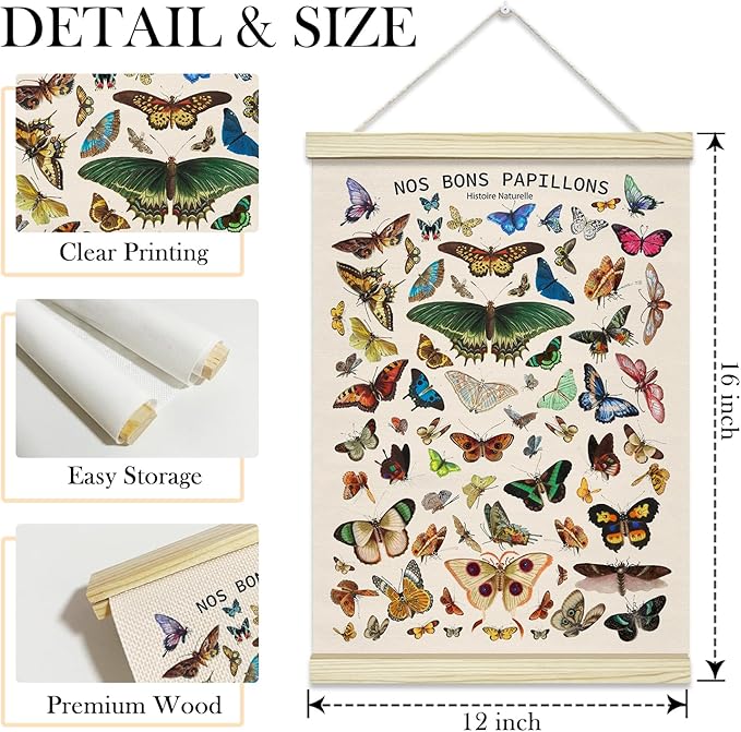TRKAE Vintage Butterfly Canvas Poster Hanger Frame, Retro Style Papillon Wall Art, Aesthetic Wall Decor for Classroom Bedroom Playroom Office -030