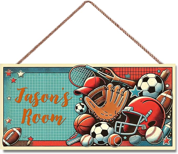 Personalized Sign Boys Bedroom Basketball Football Baseball Personalized Name Door Sign Wall Art Décor Wood Plaque Sign Wall Decor For Kids Room