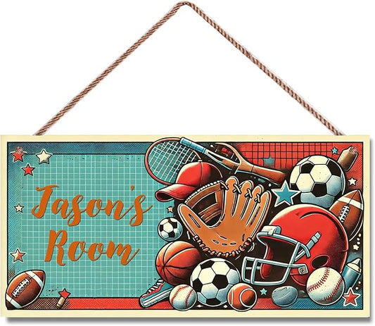Personalized Sign Boys Bedroom Basketball Football Baseball Personalized Name Door Sign Wall Art Décor Wood Plaque Sign Wall Decor For Kids Room