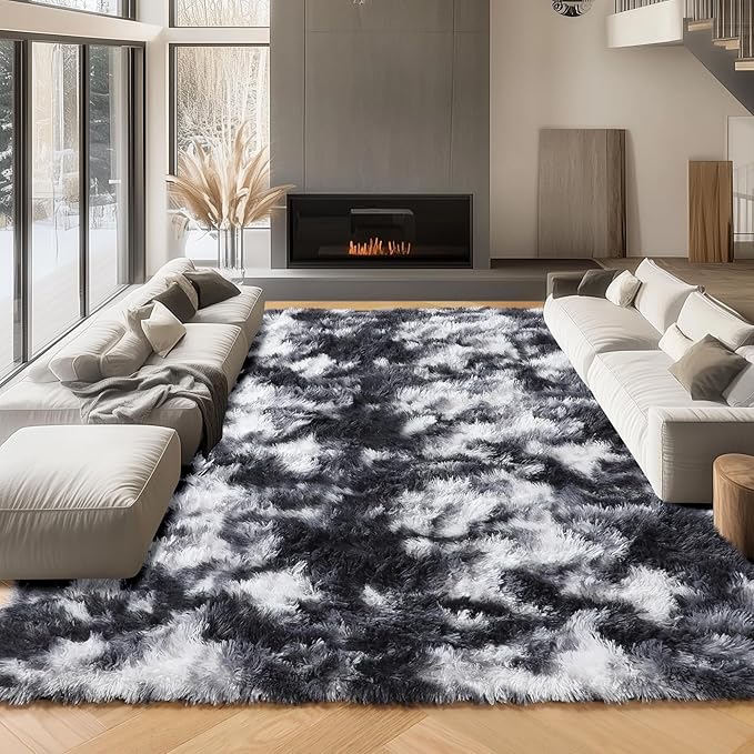 ONASAR 8x10 Area Rugs for Living Room, Black and White Large Fluffy Bedroom Rug, Washable Soft Plush Thick Shaggy Big Floor Carpet for Kids Boy Girls Teen Dorm Nursery Indoor Home Decor Aesthetic