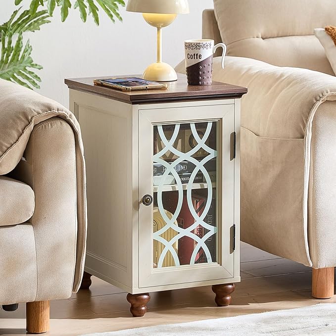 Narrow Side Table Set of 2 with Glass Door, 18 x 14'' Night Stand with Adjustable Shelf Storage Cabinet Organizer, Bedside End Tables Wood Nightstand for Small Spaces Living Room Bedroom