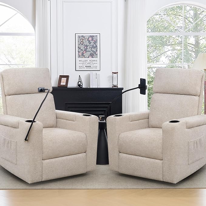 ABCASA Power Recliner Chair Swivel Glider Set of 2, Nursery Glider Recliner, Chenille Rocking Recliner Chair with Adjustable Phone Holder, Hidden Arm Storage, USB & Type-C for Living Room, Light Brown