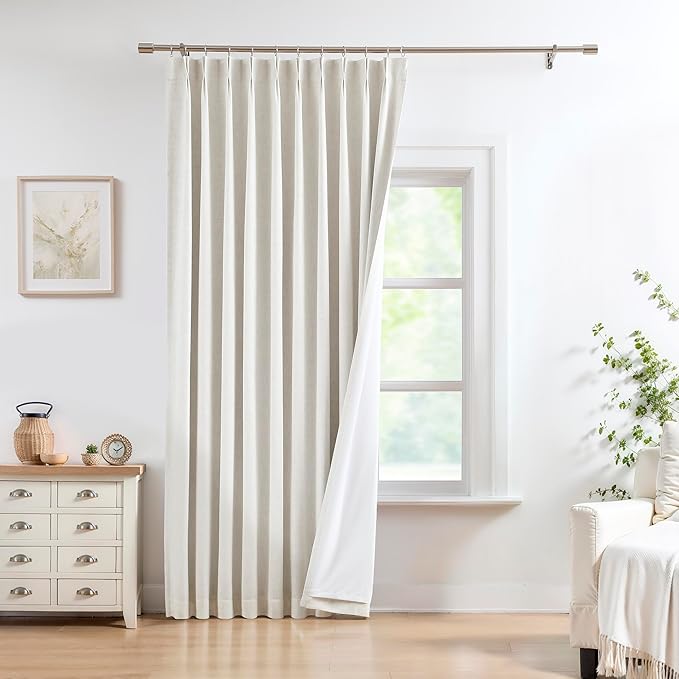 Natural Pinch Pleat Full Blackout Curtain Panel Linen Blended 120 Inches Long Thermal Insulated 100 Room Darkening Drapery for Farmhouse Living Room Bedroom Window Treatment Set with Hooks, 60"x120"x1