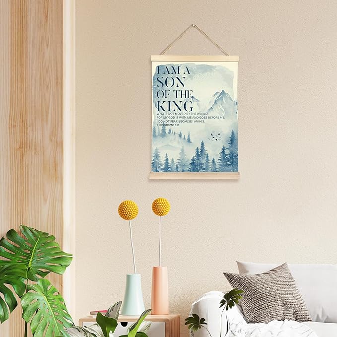 Hiuwevt Christian Nursery Wall Art, I Am a Son of the King Bible Verse Poster Hanger Frame, Blue Mountain Forest Inspirational Wall Art Home Decor for Kids Boys Room Bedroom Nursery Playroom, 12x16 Inch