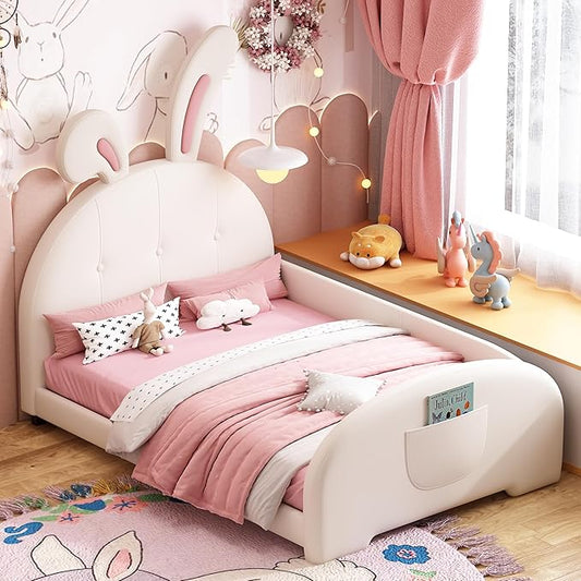 Harper & Bright Designs Twin Size Upholstered Rabbit Shape Princess Bed Frame for Boys Girls Kids Adults Toddler, Twin Size Platform Bed with Headboard and Footboard,White