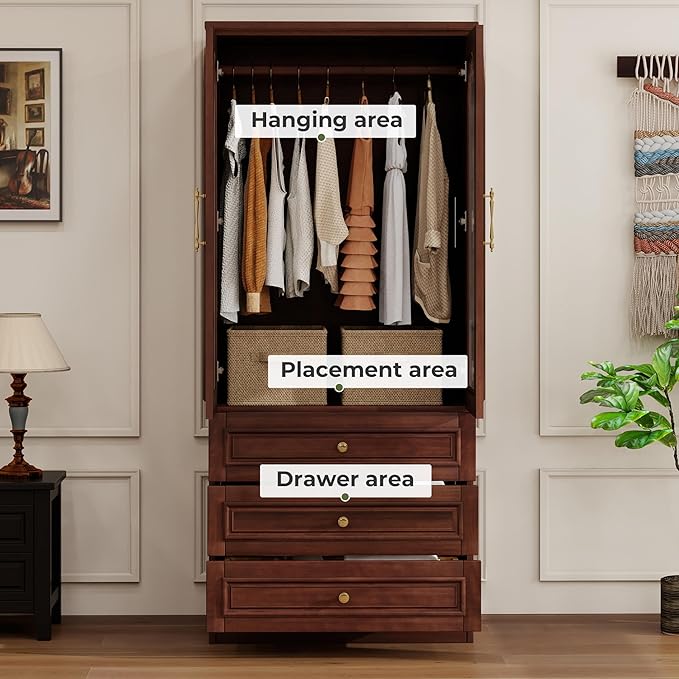 Solid Wood Wardrobe Closet:TemkTuek 70.87" Armoire,Clothing Storage Cabinet with Drawers,Doors,Hanging Railsand Shelves,Vintage Freestanding,Bedroom,Cherry Finish(21)