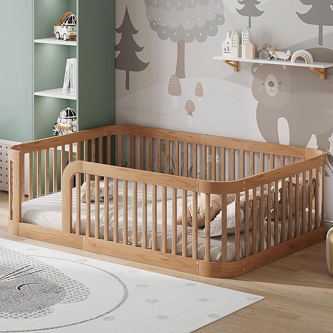 Full Size Floor Bed with Fence for Boys Girls, Solid Wood Natural Bed Frame, Natural