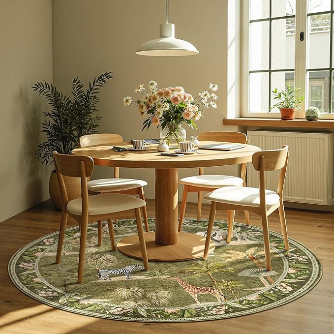jinchan Round Rug 6ft Green Jungle Animals Print, Machine Washable 6' Circle Modern Soft Non-Slip Forest Plant Throw Area Rug Low Pile Christmas Carpet for Living Room Bedroom Dining Room Nursery
