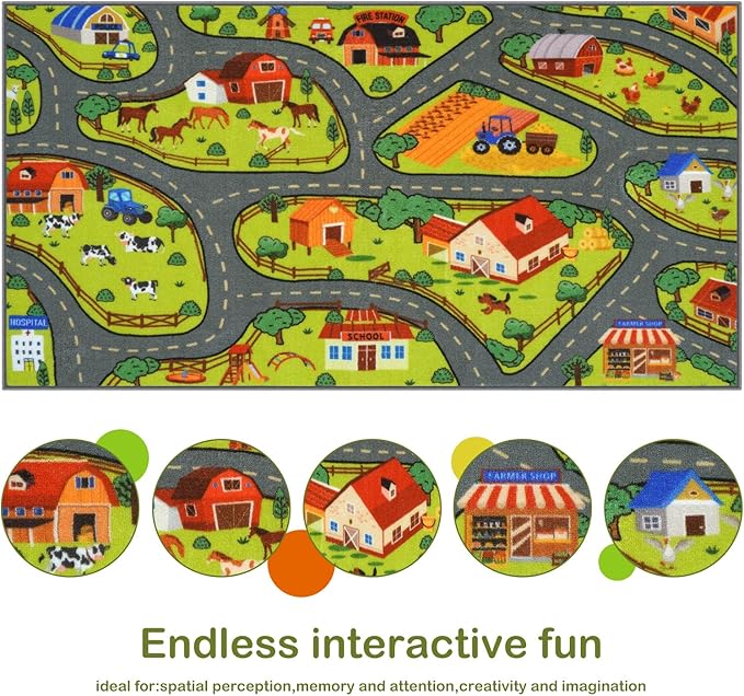 STARUIA 60" x 32" Washable Kids Rug for Playroom, Boys Baby Car Rugs for Kids Toy Cars Have Fun Safely, Educational Farm Road Play Rug Race Track Carpets for Kid Room Bedroom