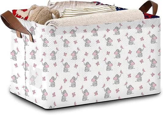 Foldable Collapsible Storage Bin with Elephant & Butterfly Pattern-17x11.5x10.5 Inch Organizer Basket for Nursery, Kids Room, Closet, Toy Storage-Single Pack, Space-Saving Home Decor