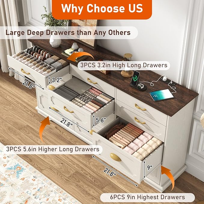70inch Large Long Dresser w/Charging Station,12 Drawer Dresser w/Deep Big Drawers,Wooden Chest of Drawers w/Power Outlet,White Dressers for Bedroom,Living Room,Entryway,Antique White