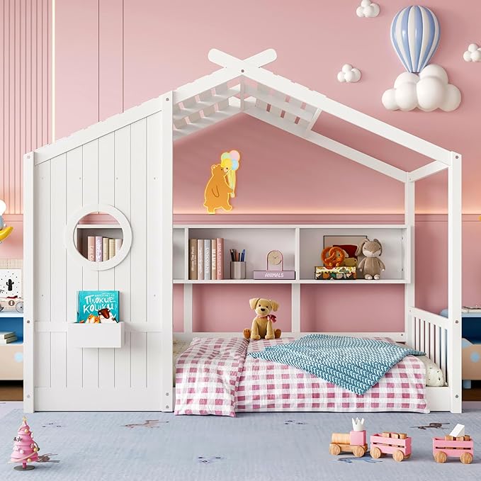 Twin Size Floor House Bed with Roof and Window for Kids, Wooden Playhouse Bed with Storage Shelves for Bedroom Furniture Girls & Boys (White/L2, Twin)