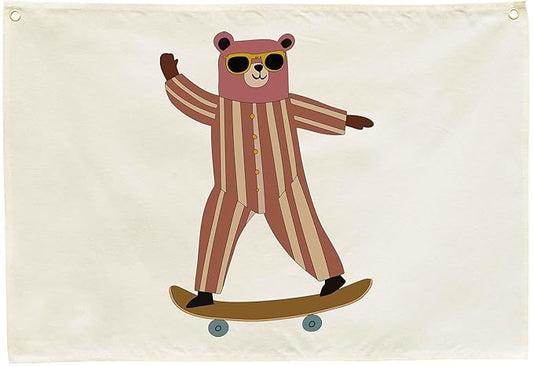 Skateboarding Bear Nursery Rectangular Canvas Banner-Flag Wall Sign Decor for Baby Boys Kids, Baby Room Above Crib Bedroom Playroom Reading Room Decor-Baby Shower Birthday Christmas Gift