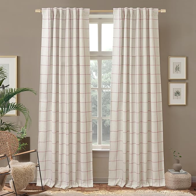 DriftAway 2 Panels 100% Blackout Windowpane Plaid Linen Curtains Double Layer Drapes for Bedroom 96 Inches Long Farmhouse Thermal Insulated 3.25 Inch Rod Pocket Back Tab for Living Room Red